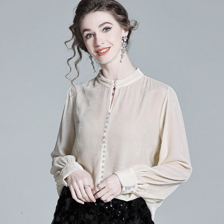 Stand Collar Pearl Button Long Sleeve Silk Velvet Blouse with Keyhole Neckline