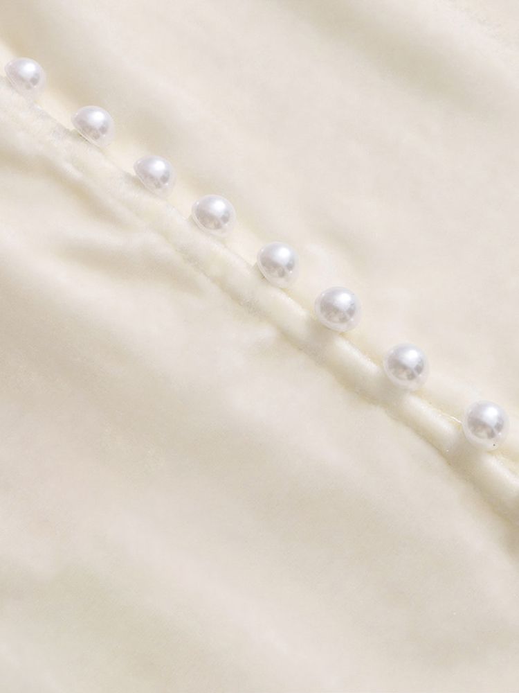 Stand Collar Pearl Button Long Sleeve Silk Velvet Blouse with Keyhole Neckline