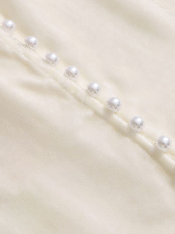 Stand Collar Pearl Button Long Sleeve Silk Velvet Blouse with Keyhole Neckline
