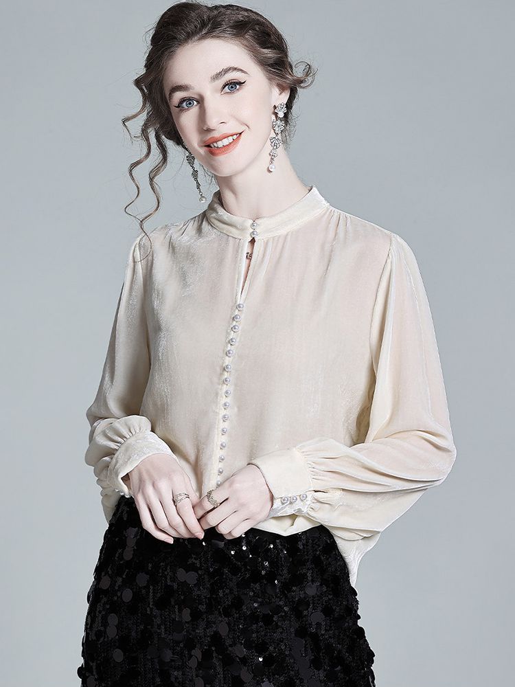Stand Collar Pearl Button Long Sleeve Silk Velvet Blouse with Keyhole Neckline