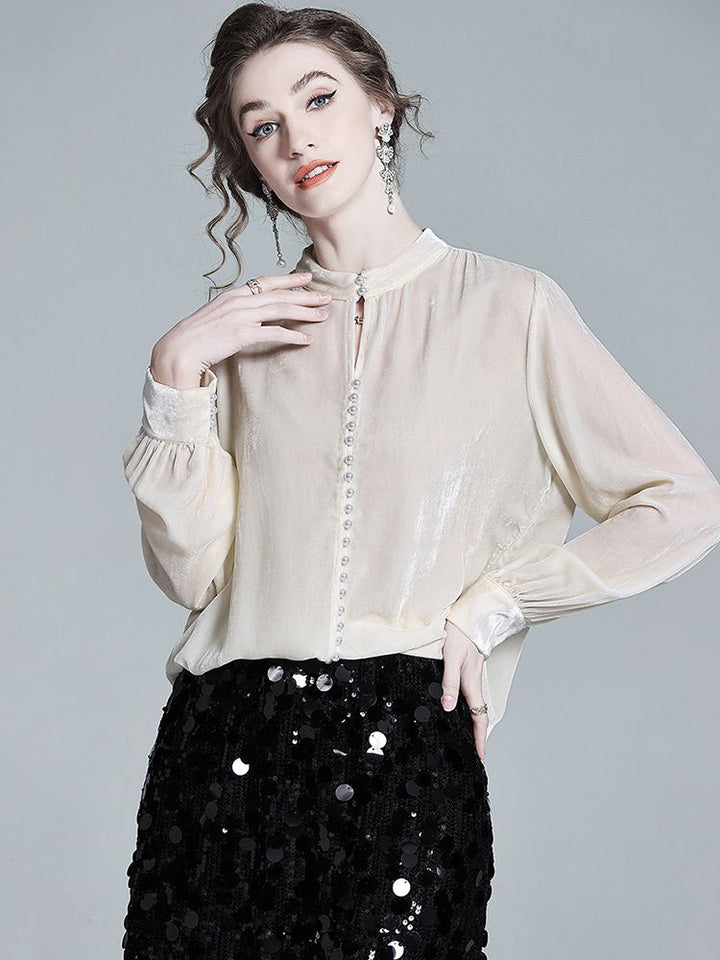 Stand Collar Pearl Button Long Sleeve Silk Velvet Blouse with Keyhole Neckline