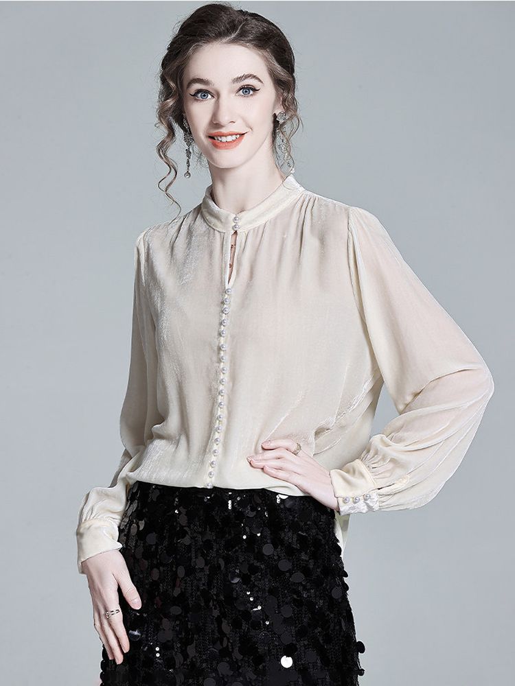 Stand Collar Pearl Button Long Sleeve Silk Velvet Blouse with Keyhole Neckline