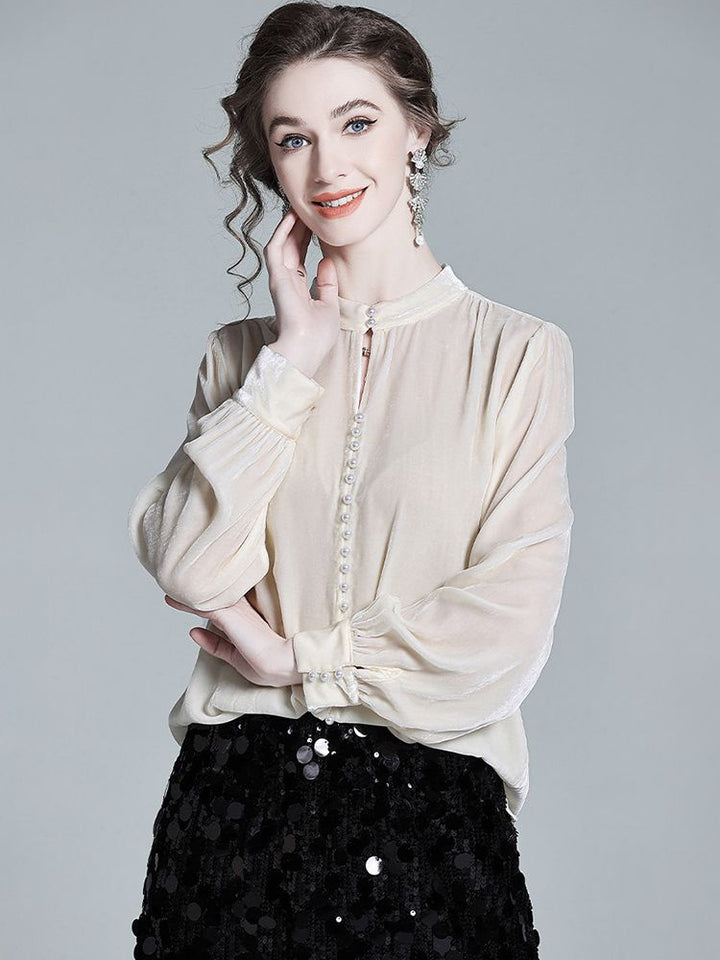 Stand Collar Pearl Button Long Sleeve Silk Velvet Blouse with Keyhole Neckline