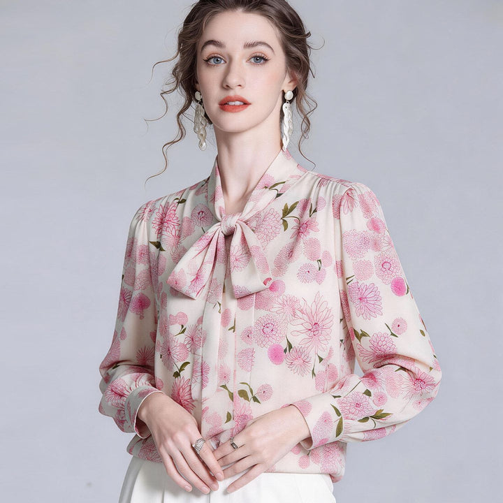Pink Floral Romantic Bow Tie Long Sleeve Mulberry Silk Blouse for Women