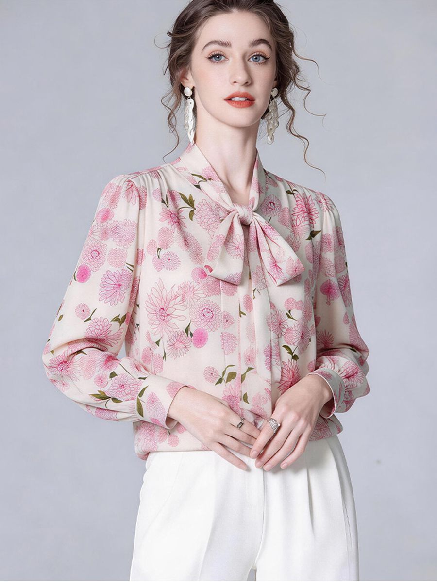 Pink Floral Romantic Bow Tie Long Sleeve Mulberry Silk Blouse for Women