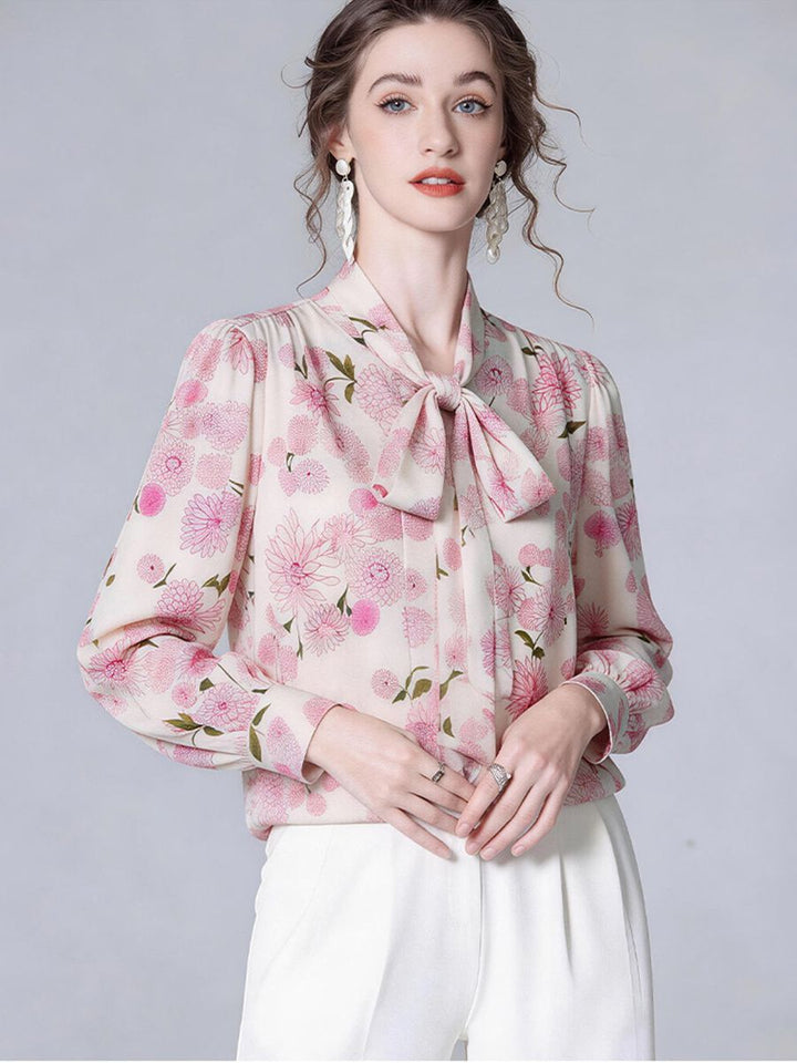 Pink Floral Romantic Bow Tie Long Sleeve Mulberry Silk Blouse for Women