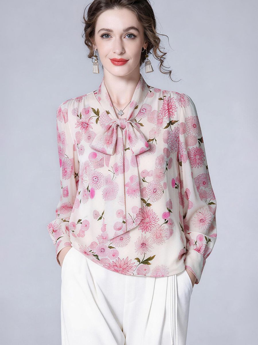 Pink Floral Romantic Bow Tie Long Sleeve Mulberry Silk Blouse for Women