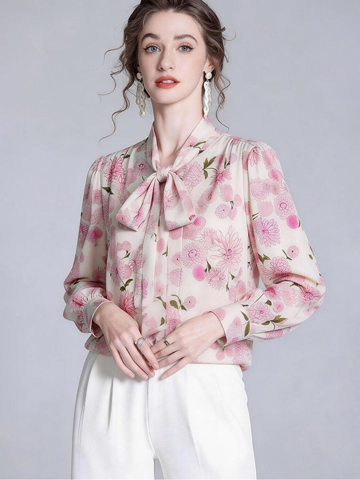 Pink Floral Romantic Bow Tie Long Sleeve Mulberry Silk Blouse for Women