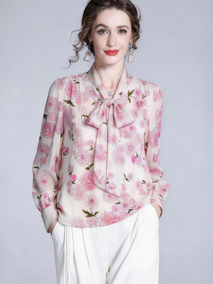 Pink Floral Romantic Bow Tie Long Sleeve Mulberry Silk Blouse for Women