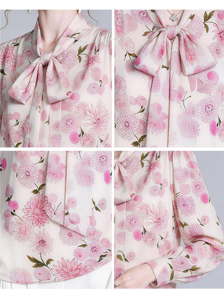 Pink Floral Romantic Bow Tie Long Sleeve Mulberry Silk Blouse for Women