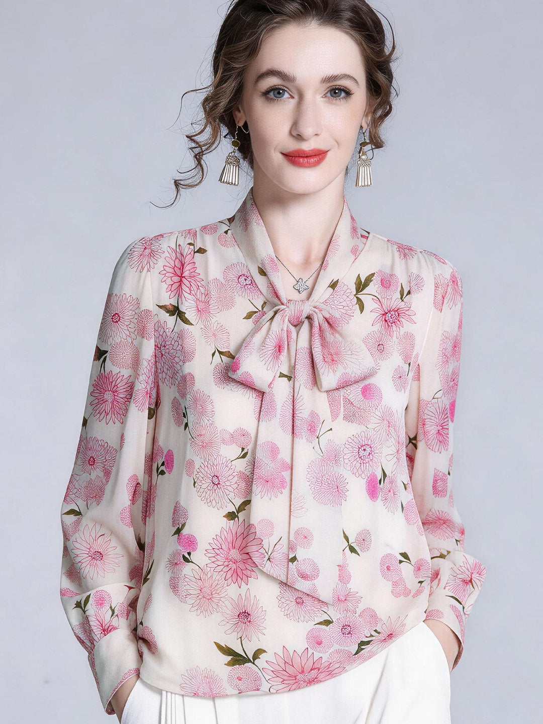 Pink Floral Romantic Bow Tie Long Sleeve Mulberry Silk Blouse for Women