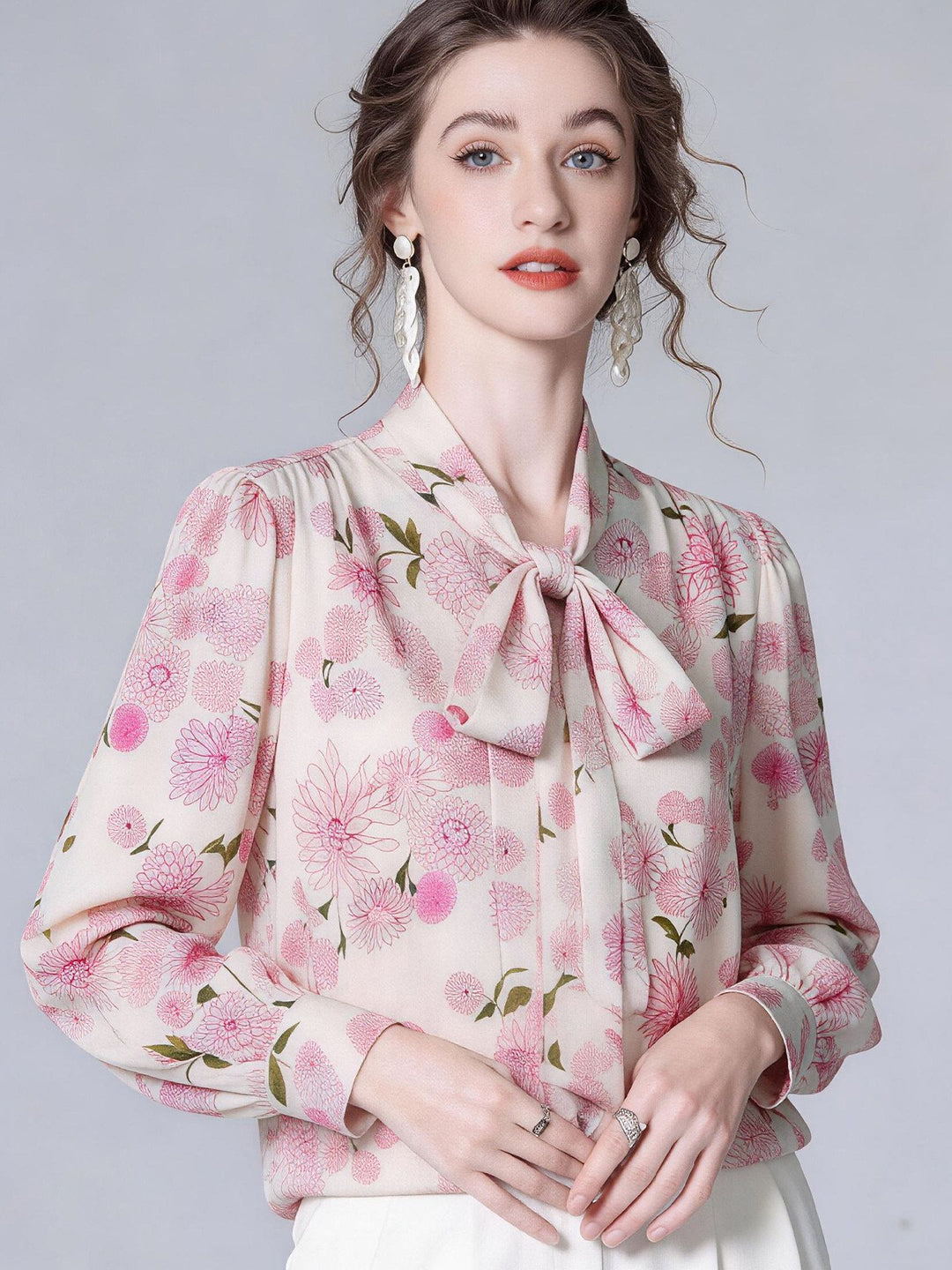 Pink Floral Romantic Bow Tie Long Sleeve Mulberry Silk Blouse for Women
