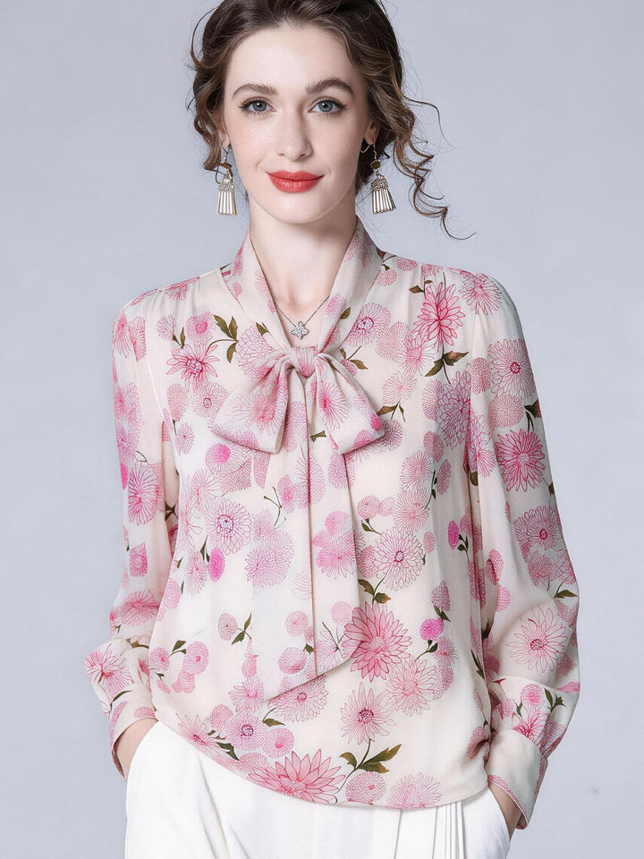 Pink Floral Romantic Bow Tie Long Sleeve Mulberry Silk Blouse for Women