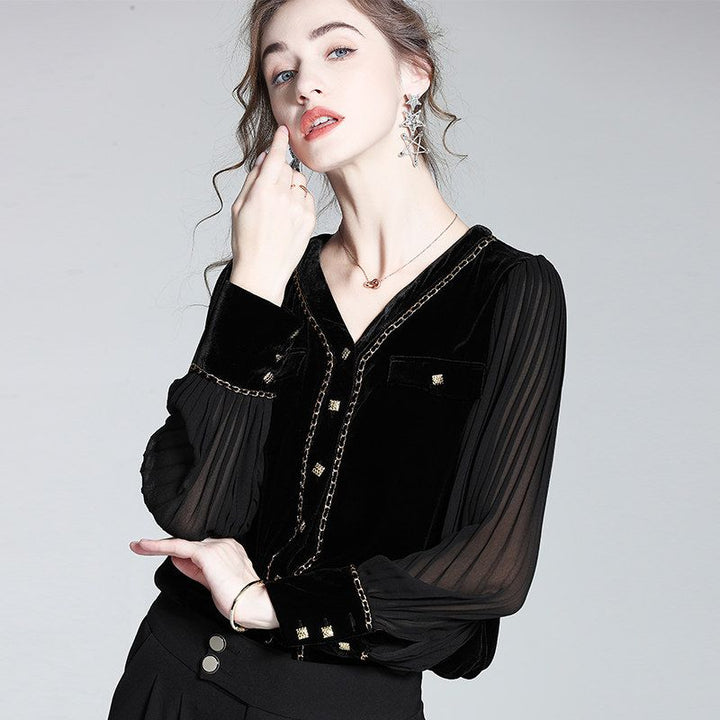 Chain-Trimmed V-Neck Long Sleeve Black Silk Velvet Blouse
