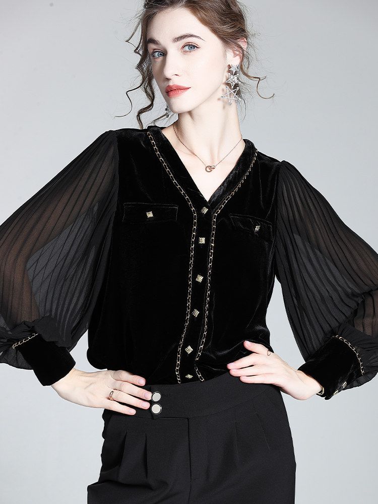 Chain-Trimmed V-Neck Long Sleeve Black Silk Velvet Blouse