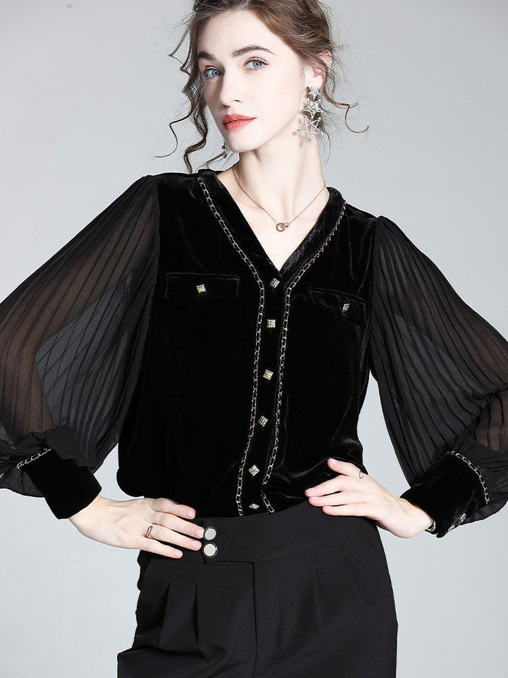 Chain-Trimmed V-Neck Long Sleeve Black Silk Velvet Blouse