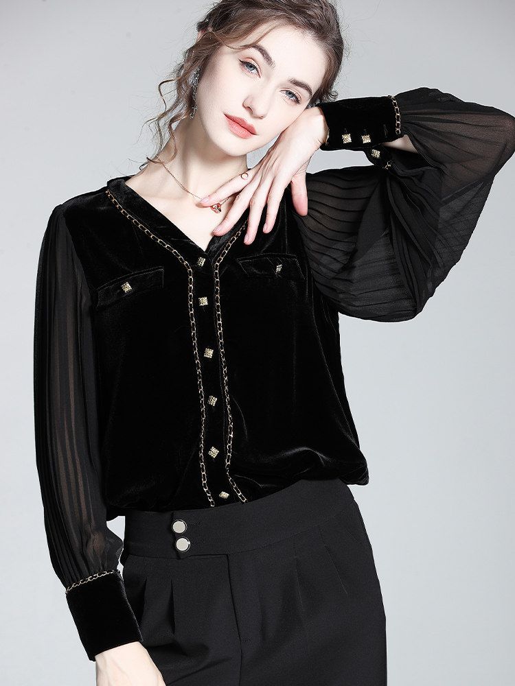 Chain-Trimmed V-Neck Long Sleeve Black Silk Velvet Blouse