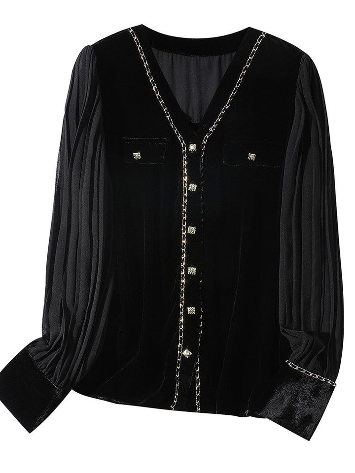 Chain-Trimmed V-Neck Long Sleeve Black Silk Velvet Blouse