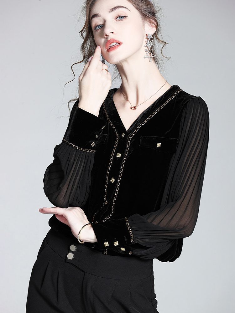 Chain-Trimmed V-Neck Long Sleeve Black Silk Velvet Blouse