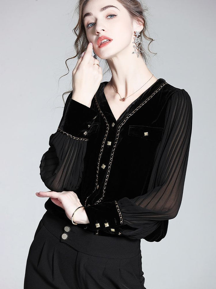 Chain-Trimmed V-Neck Long Sleeve Black Silk Velvet Blouse