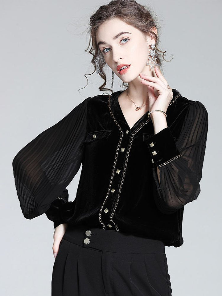Chain-Trimmed V-Neck Long Sleeve Black Silk Velvet Blouse