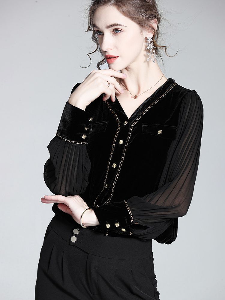 Chain-Trimmed V-Neck Long Sleeve Black Silk Velvet Blouse