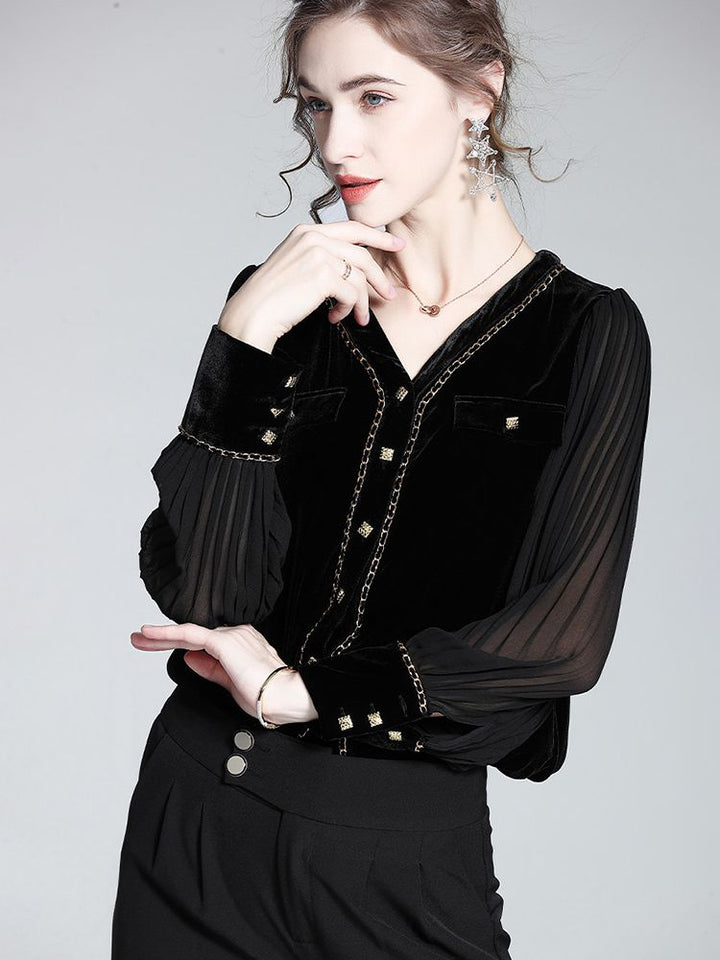 Chain-Trimmed V-Neck Long Sleeve Black Silk Velvet Blouse