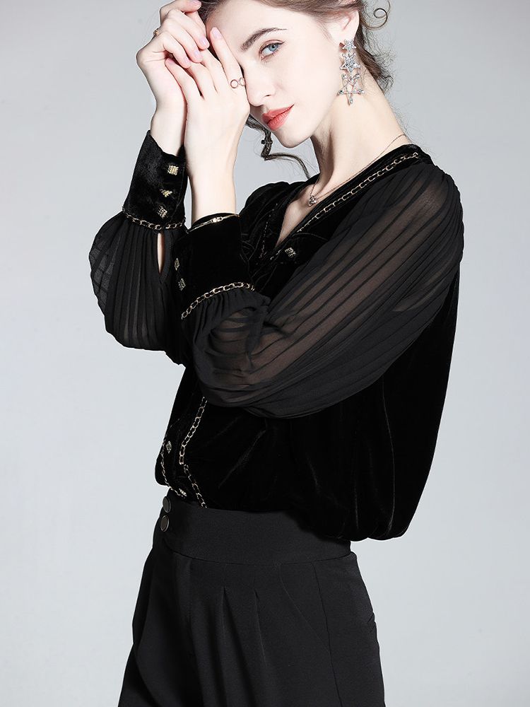 Chain-Trimmed V-Neck Long Sleeve Black Silk Velvet Blouse
