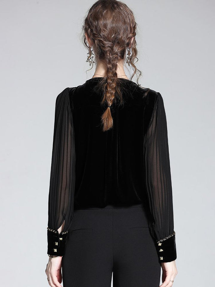Chain-Trimmed V-Neck Long Sleeve Black Silk Velvet Blouse