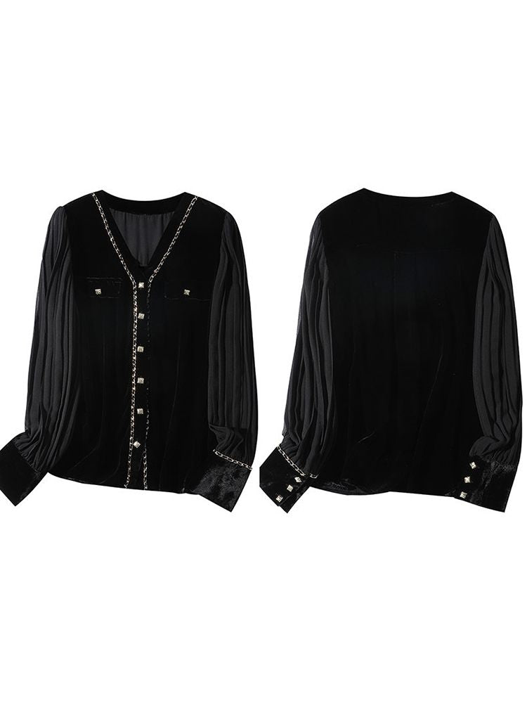 Chain-Trimmed V-Neck Long Sleeve Black Silk Velvet Blouse