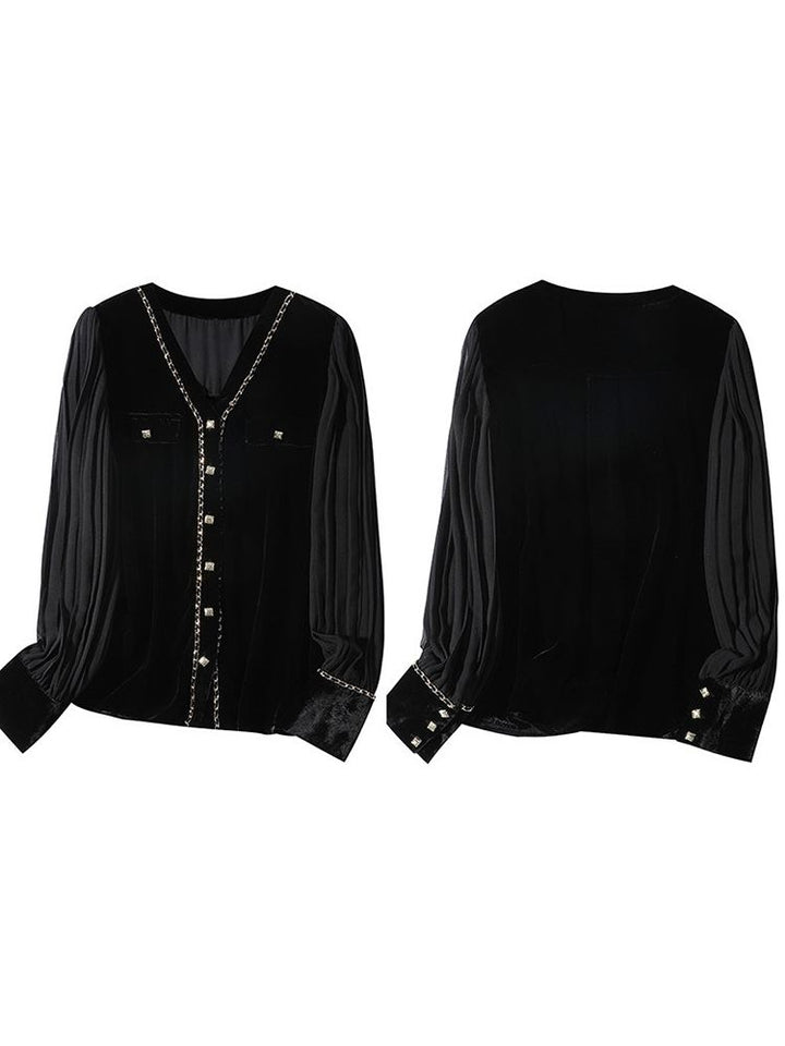 Chain-Trimmed V-Neck Long Sleeve Black Silk Velvet Blouse