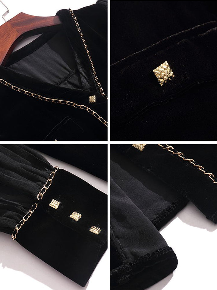 Chain-Trimmed V-Neck Long Sleeve Black Silk Velvet Blouse