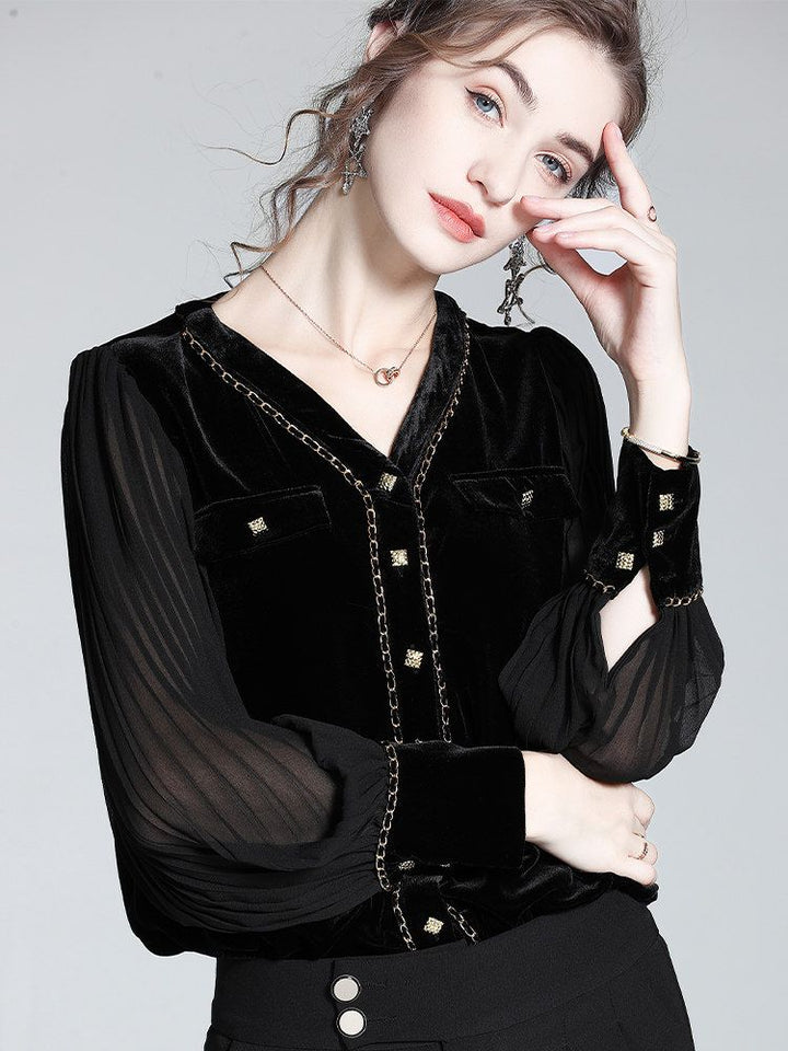 Chain-Trimmed V-Neck Long Sleeve Black Silk Velvet Blouse