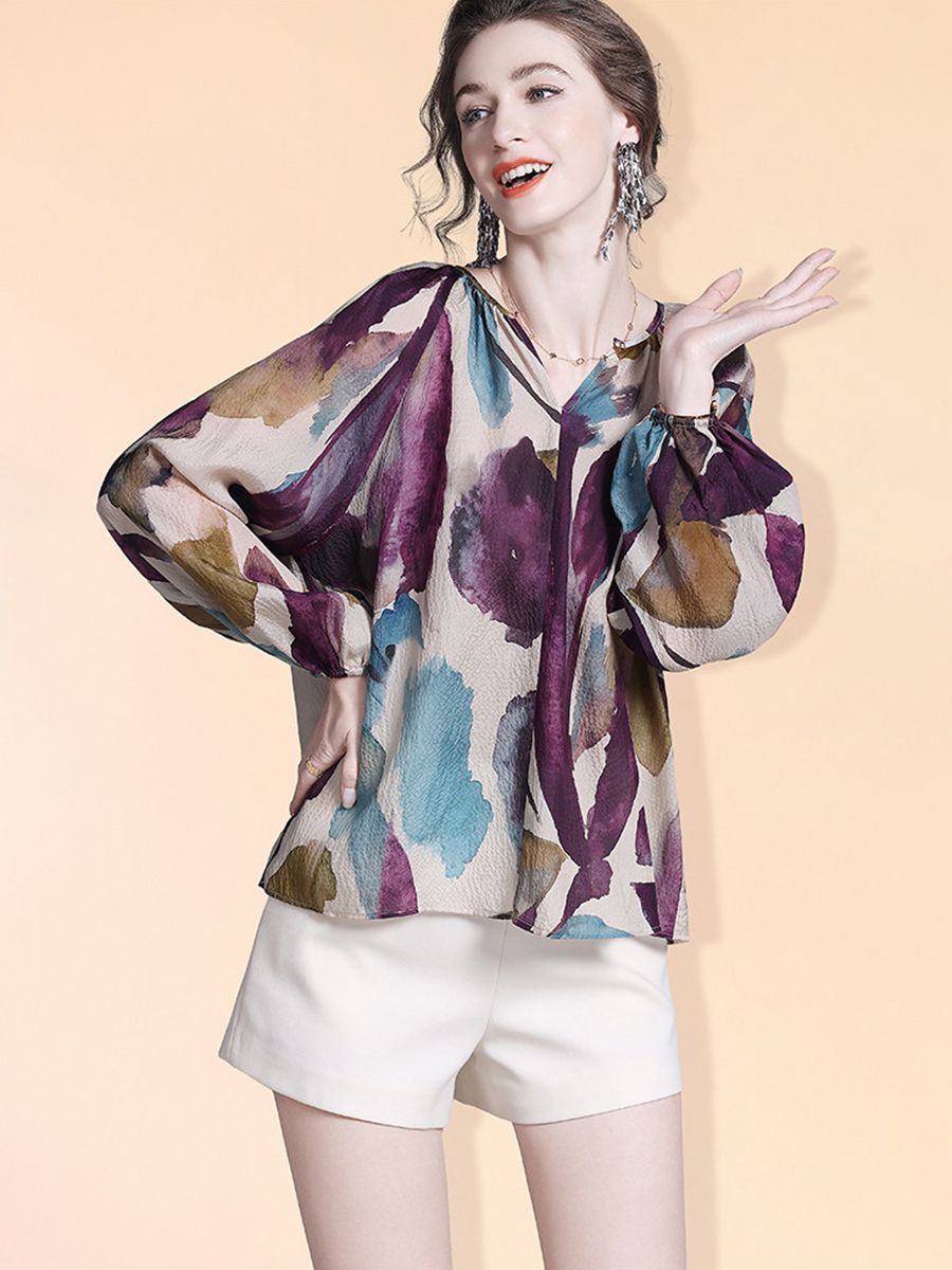 Elegant Purple Print Split V-Neck Long Sleeve Relaxed Fit Silk Blouse Mulberry Silk Shirt