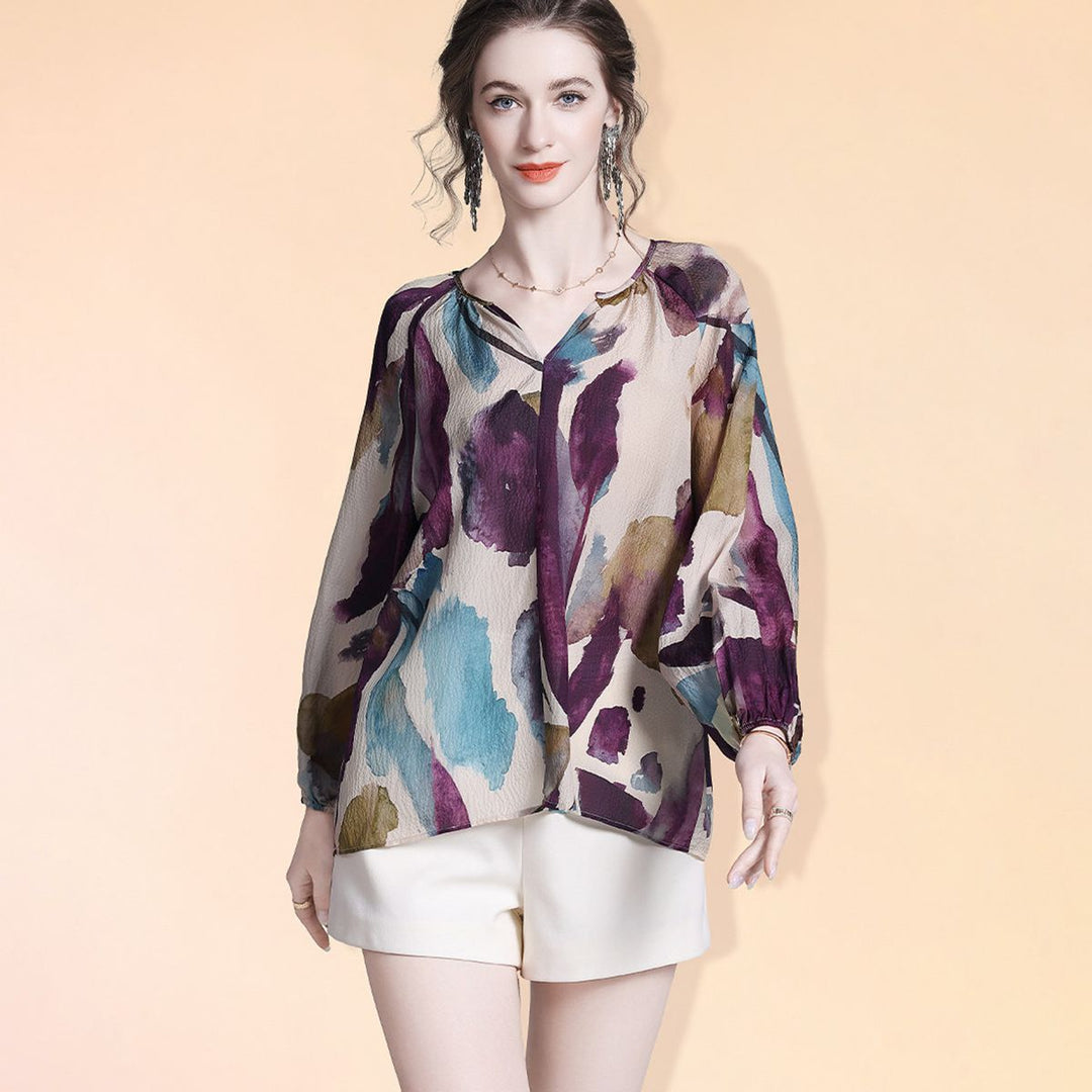 Elegant Purple Print Split V-Neck Long Sleeve Relaxed Fit Silk Blouse Mulberry Silk Shirt
