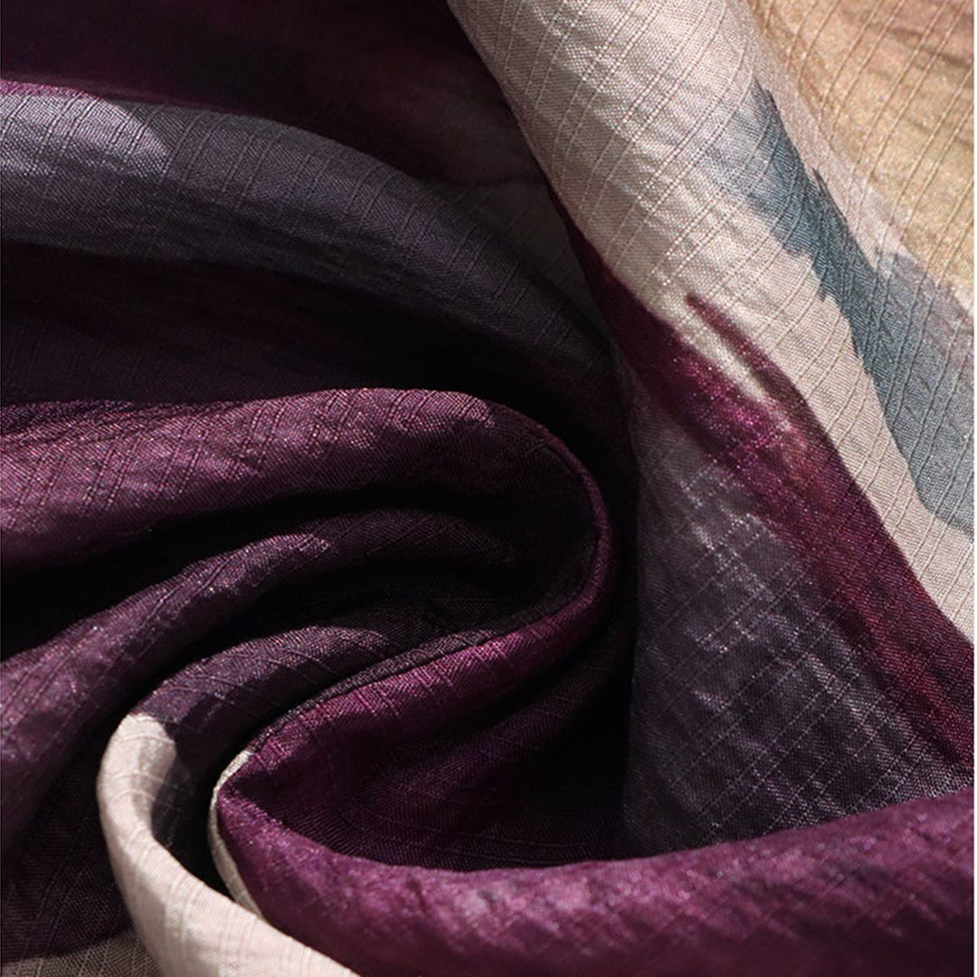 Elegant Purple Print Split V-Neck Long Sleeve Relaxed Fit Silk Blouse Mulberry Silk Shirt
