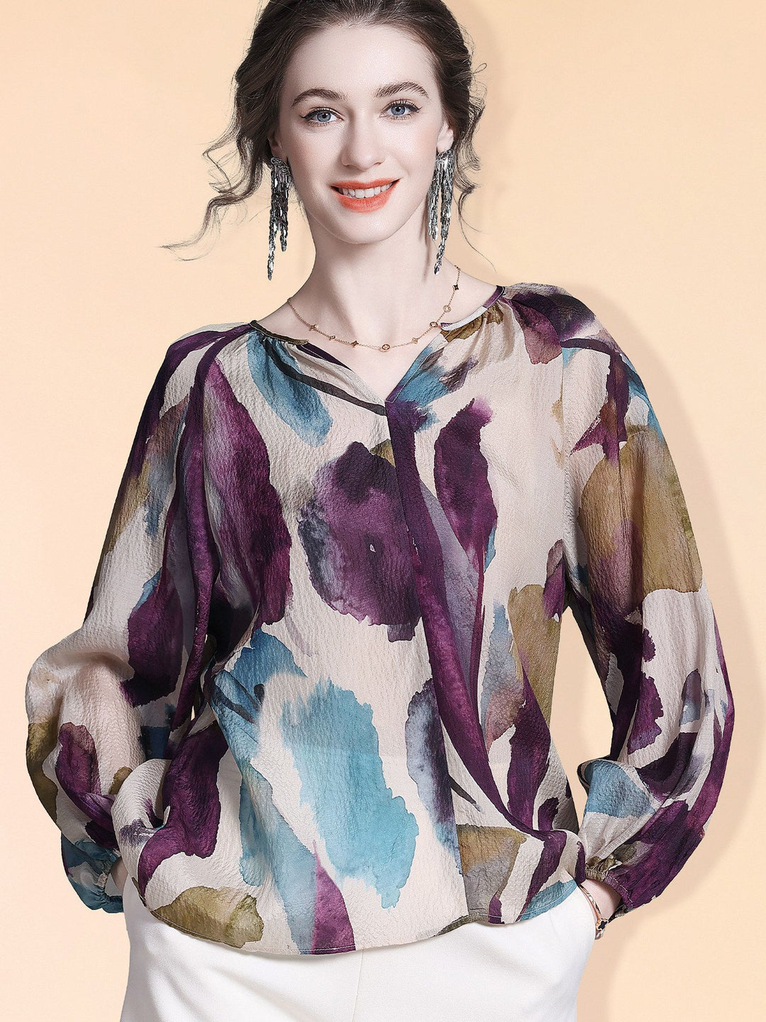 Elegant Purple Print Split V-Neck Long Sleeve Relaxed Fit Silk Blouse Mulberry Silk Shirt