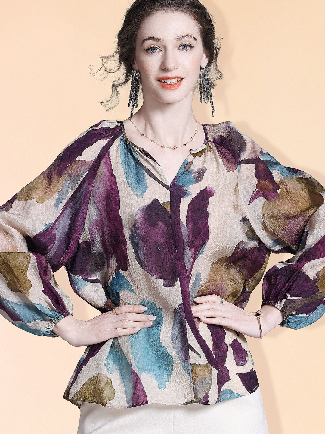 Elegant Purple Print Split V-Neck Long Sleeve Relaxed Fit Silk Blouse Mulberry Silk Shirt