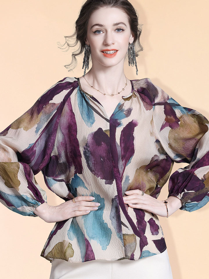Elegant Purple Print Split V-Neck Long Sleeve Relaxed Fit Silk Blouse Mulberry Silk Shirt