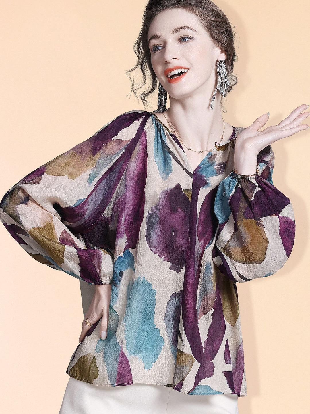 Elegant Purple Print Split V-Neck Long Sleeve Relaxed Fit Silk Blouse Mulberry Silk Shirt