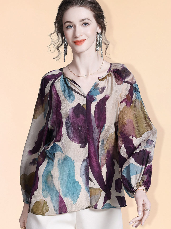 Elegant Purple Print Split V-Neck Long Sleeve Relaxed Fit Silk Blouse Mulberry Silk Shirt