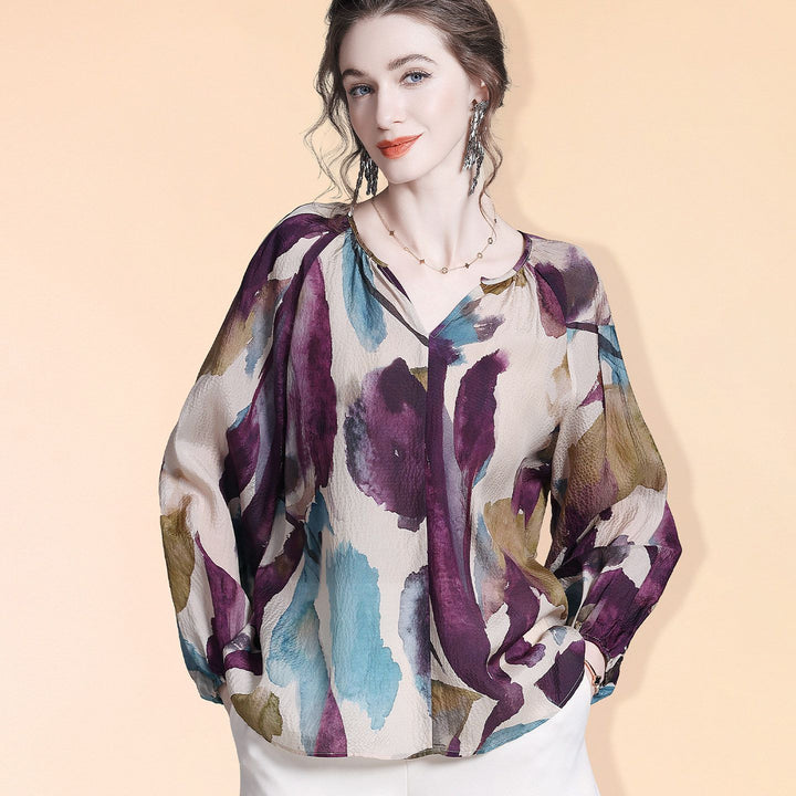 Elegant Purple Print Split V-Neck Long Sleeve Relaxed Fit Silk Blouse Mulberry Silk Shirt