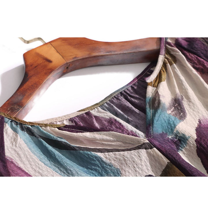 Elegant Purple Print Split V-Neck Long Sleeve Relaxed Fit Silk Blouse Mulberry Silk Shirt