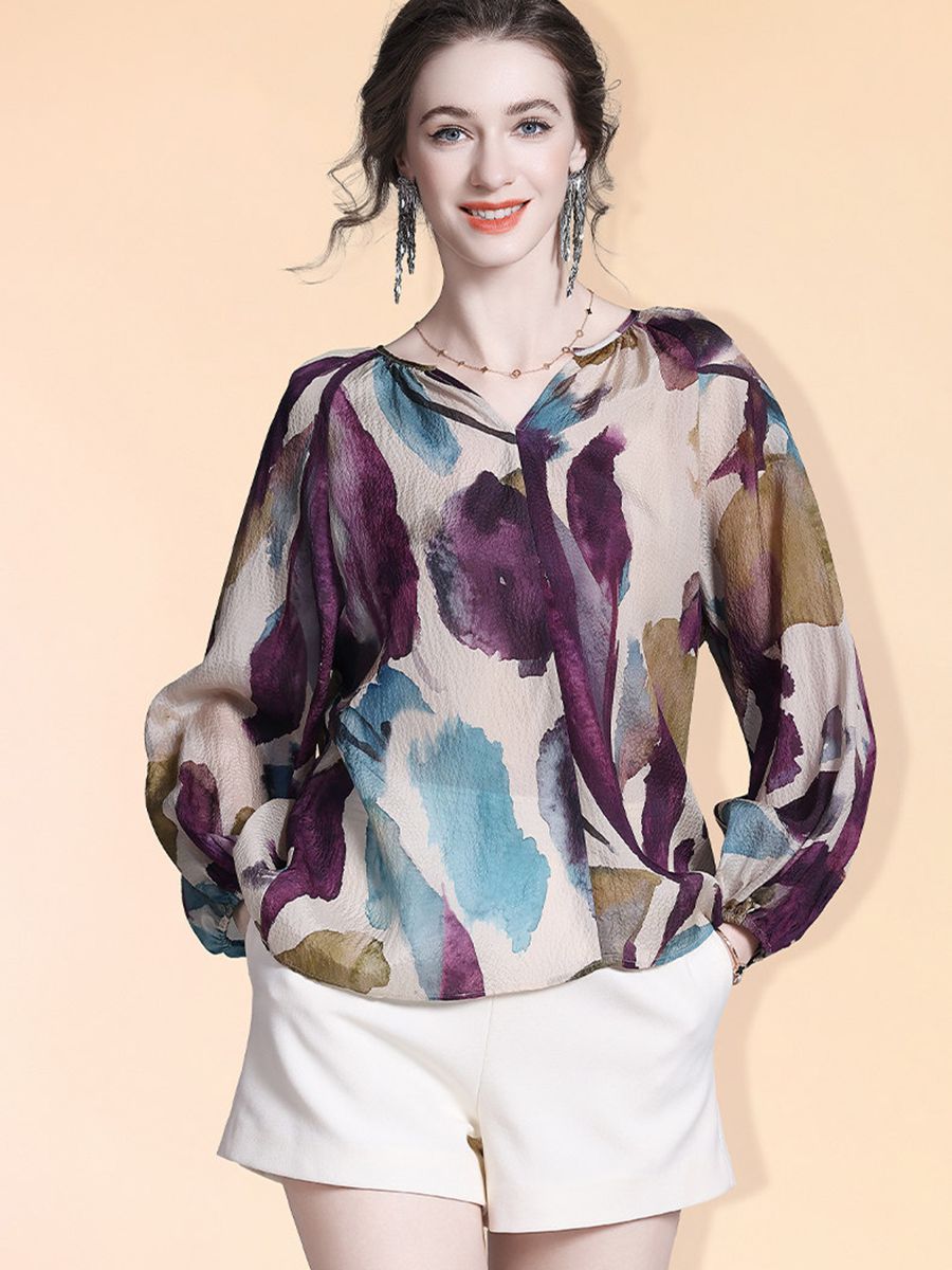 Elegant Purple Print Split V-Neck Long Sleeve Relaxed Fit Silk Blouse Mulberry Silk Shirt