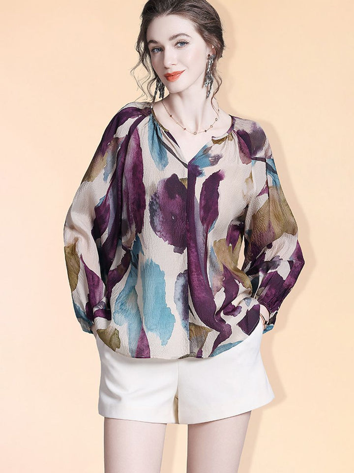 Elegant Purple Print Split V-Neck Long Sleeve Relaxed Fit Silk Blouse Mulberry Silk Shirt