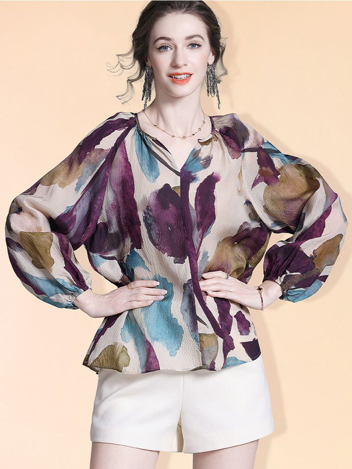 Elegant Purple Print Split V-Neck Long Sleeve Relaxed Fit Silk Blouse Mulberry Silk Shirt