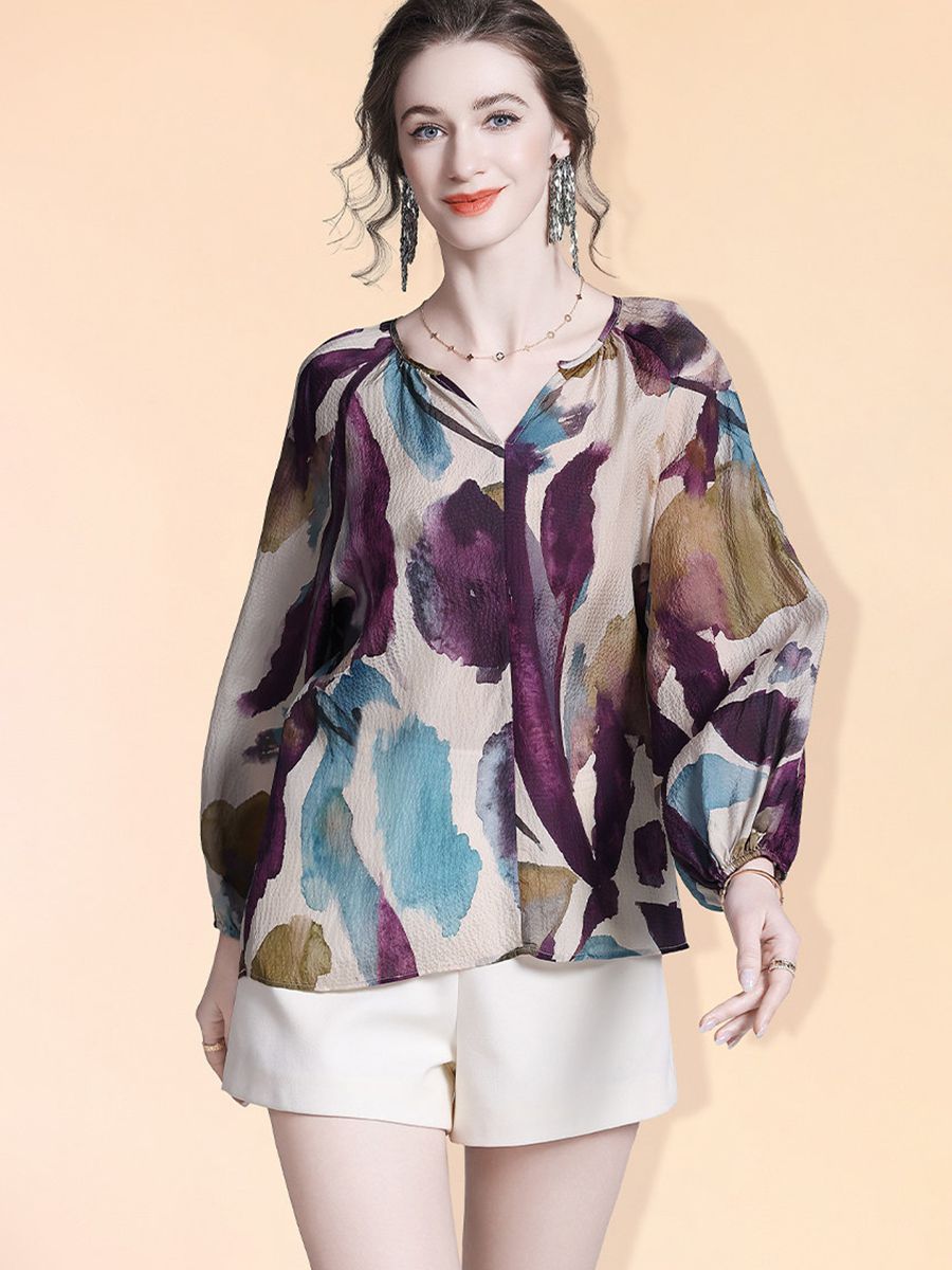 Elegant Purple Print Split V-Neck Long Sleeve Relaxed Fit Silk Blouse Mulberry Silk Shirt