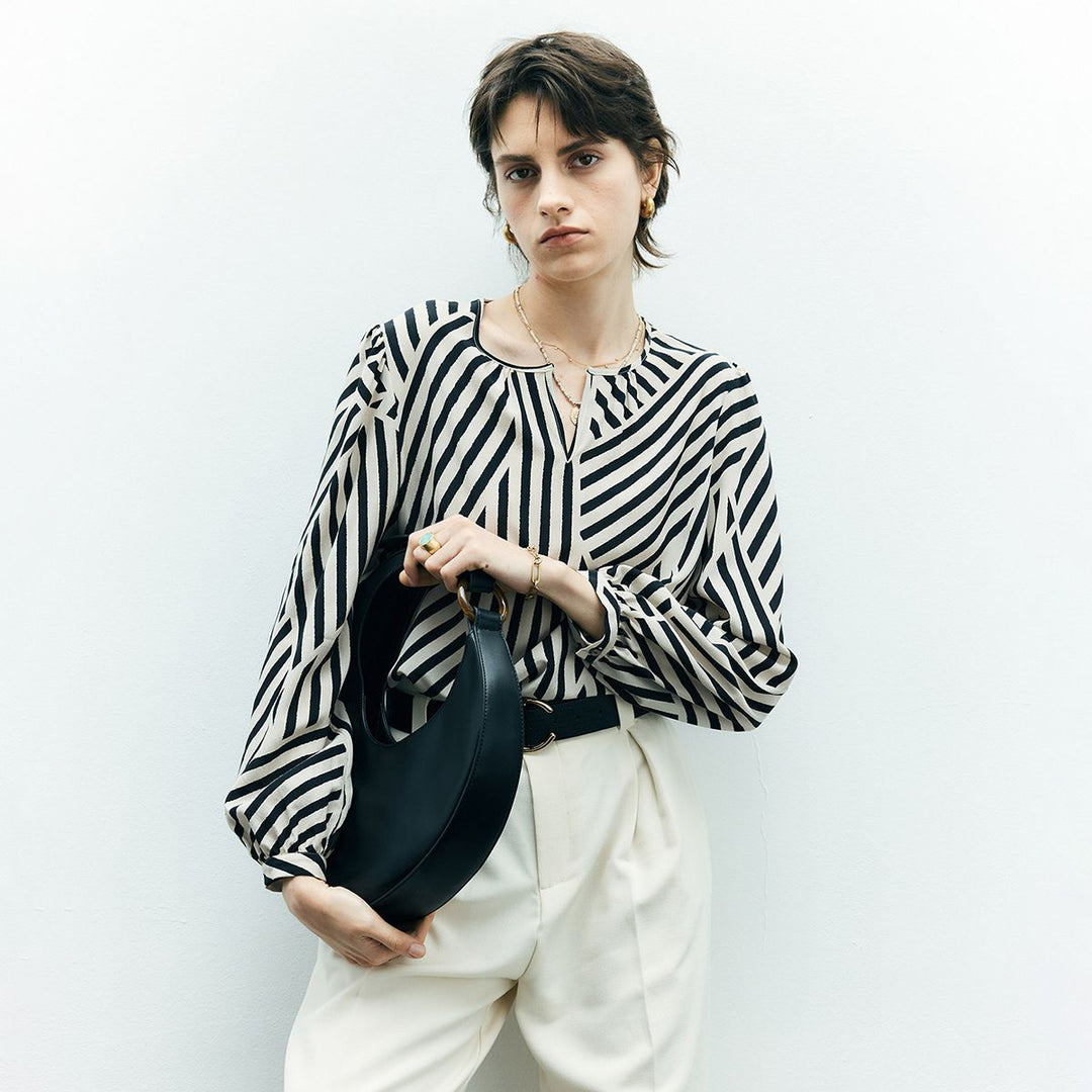 Mulberry Silk Striped Printed Long Sleeve Relaxed Fit Silk Blouse