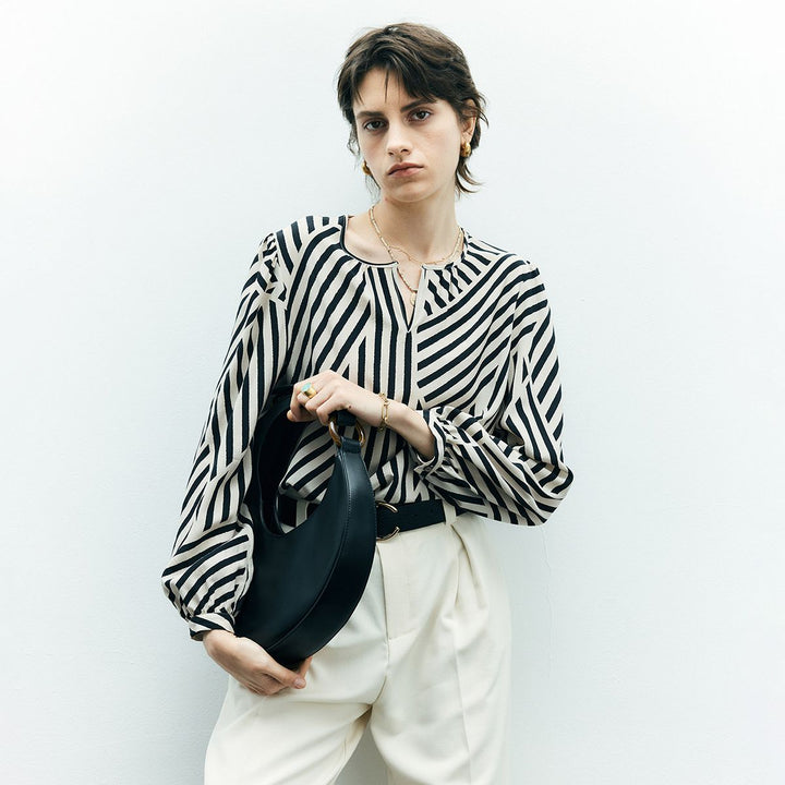 Mulberry Silk Striped Printed Long Sleeve Relaxed Fit Silk Blouse