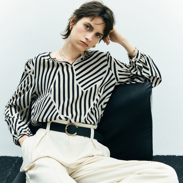 Mulberry Silk Striped Printed Long Sleeve Relaxed Fit Silk Blouse